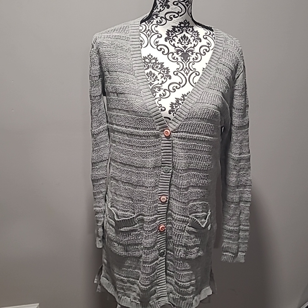 Matilda Jane ruffle hem long gray cardigan sweater sz small WT257